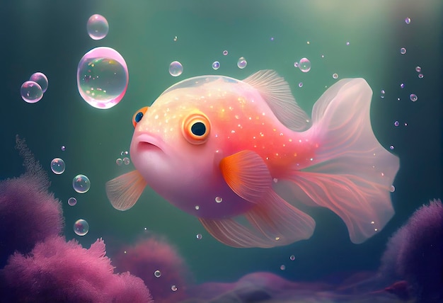 A surrealistic hyperrealistic fairytale cute cuddle fish The background is a landscape with peach pink and iridescent soap bubbles floating around generat ai