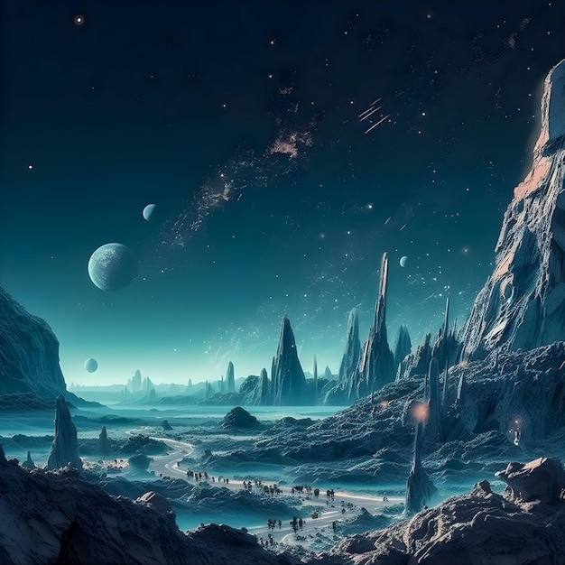 Surrealistic Mars landscape in blue colors