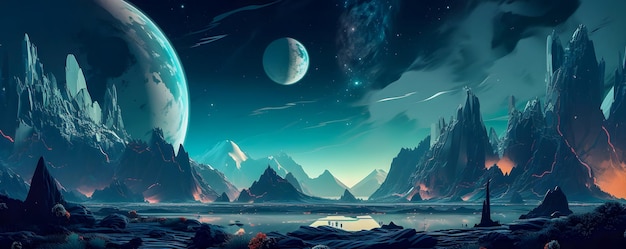 Surrealistic Mars landscape in blue colors