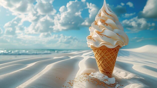 Surrealistic Melting Ice Cream Cone on Stark White Sand Dune