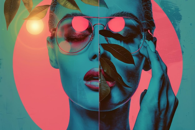 Surrealistic minimalist collage of a woman with sunglasses and leaves in vibrant colors