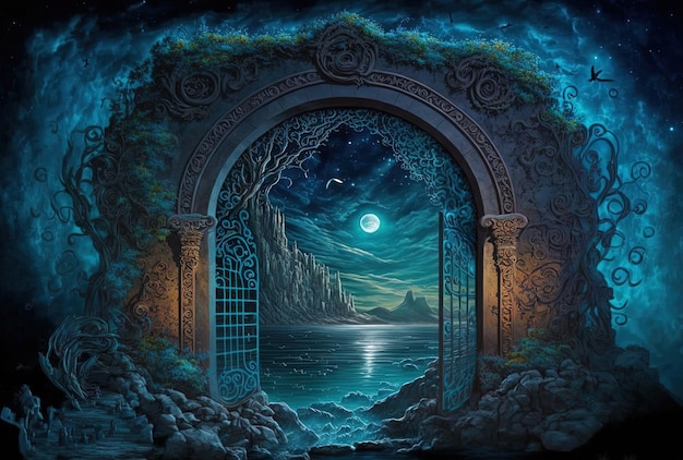 Surrealistic nature backdrop artistic painting a sea gate a night of fantasy