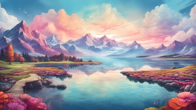 A surrealistic painting of a lake surrounded by a kaleidoscope of mountains illustration