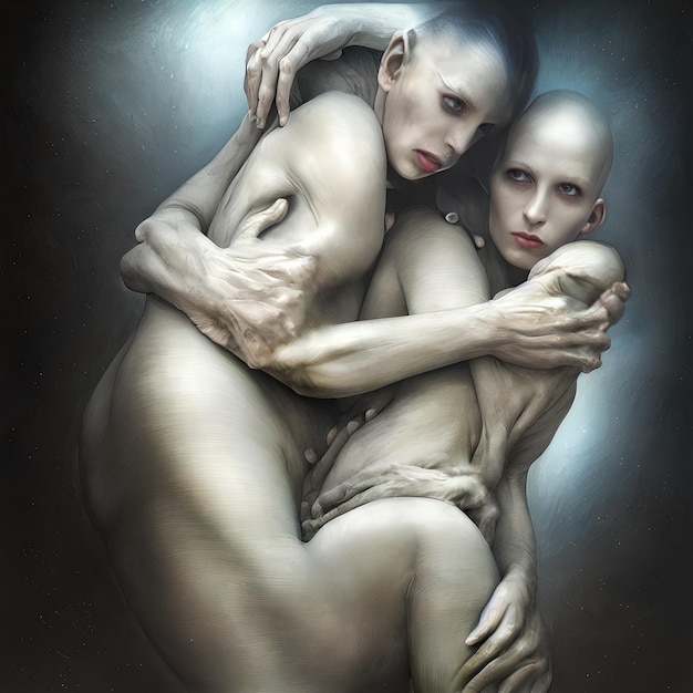 Surrealistic portrait of two white skinned humanoids embracing