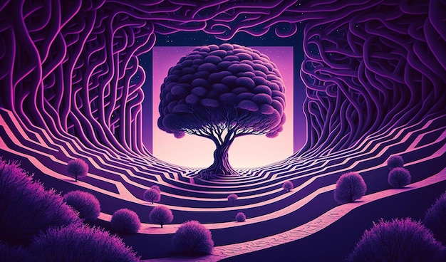 Surrealistic purple landscape with trees Fantasy scene of paths and labyrinths Generative AI