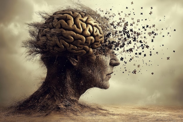 Photo surrealistic rendering of a human head disintegrating into particles representing the fragility of