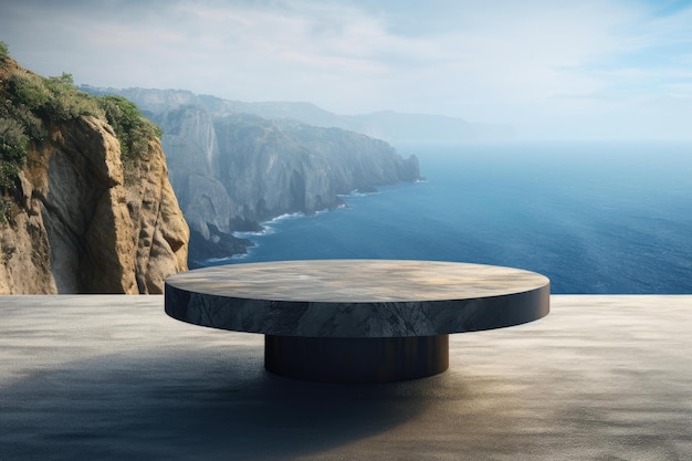 Surrealistic Serenity A Photorealistic Concrete Coffee Table perched on a Cliffside Overlooking the