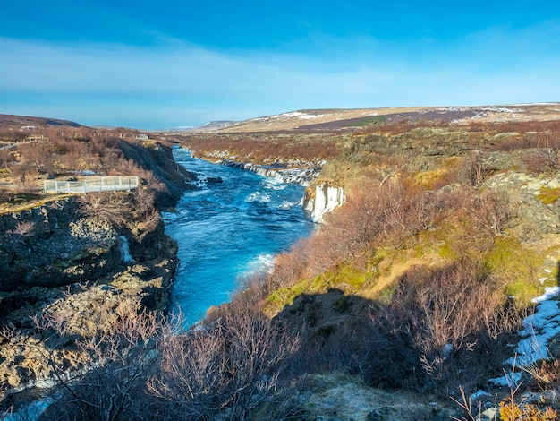 Surrounding view around Hraunfossar waterfall unusual beautiful natural landmark in Iceland