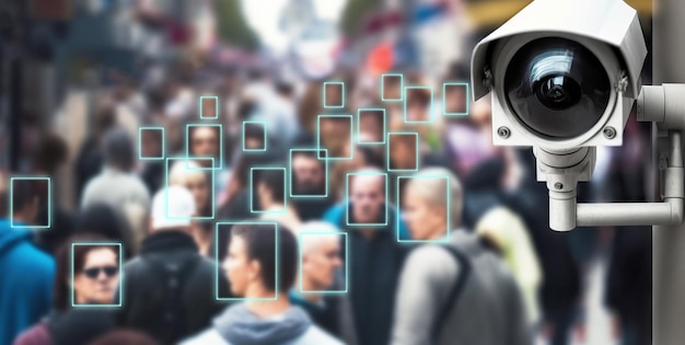 A surveillance camera in a busy street using facial recognition