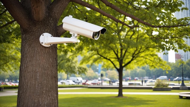 Surveillance camera installed in a sunny park for enhanced security