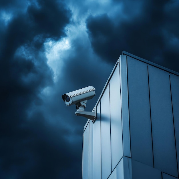 Surveillance Camera Mounted on a Building Against a Cloudy Sky