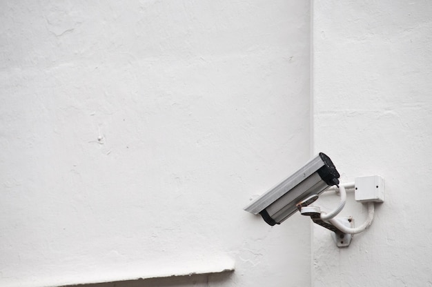 Surveillance camera on a wall