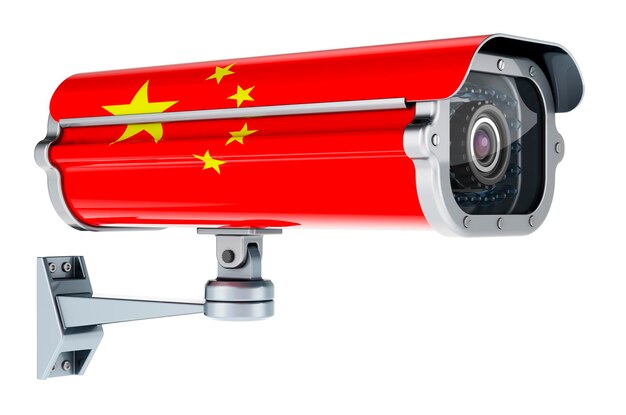 Surveillance camera with Chinese flag 3D rendering