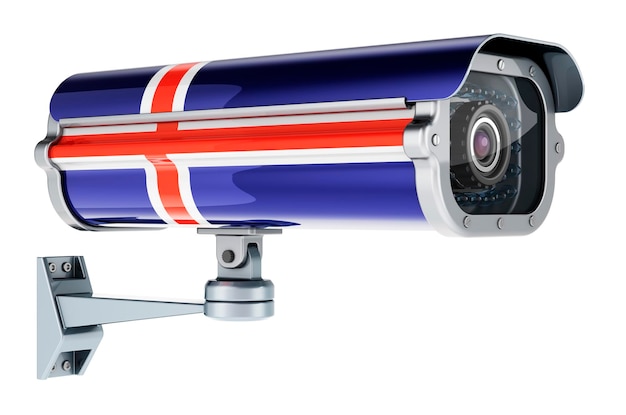 Surveillance camera with Icelandic flag 3D rendering