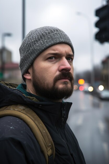 Surveillance protest and portrait of man in the street for data protection