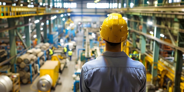 Surveying a bustling factory floor Worker wears a protective helmet Concept Factory Safety Protective Gear Industrial Work Manufacturing Process