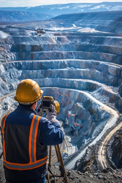 Surveying the copper mine man in hard hat oversees operations at open pit ensuring safety and efficiency in resource extraction