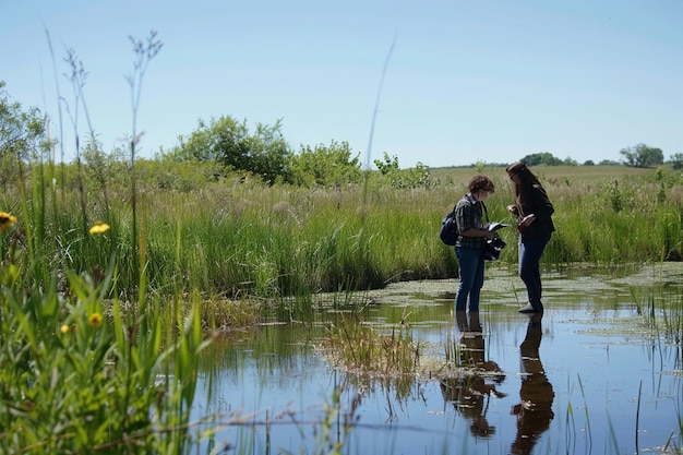 Photo surveying plant communities in wetland areas ar generative ai