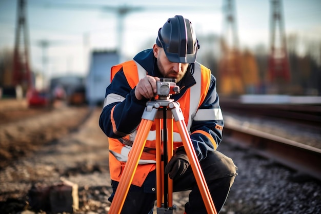 Surveyor engineer is measuring level on construction site Surveyors ensure precise measurements before undertaking large construction projects