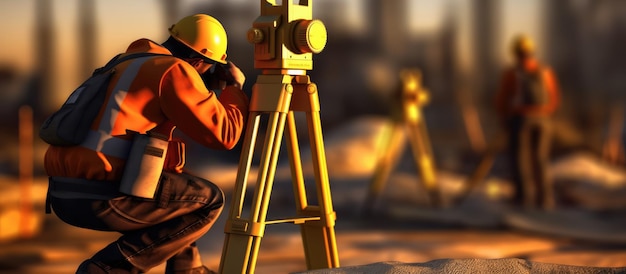 Surveyor engineer with equipment theodolite or total positioning station construction site