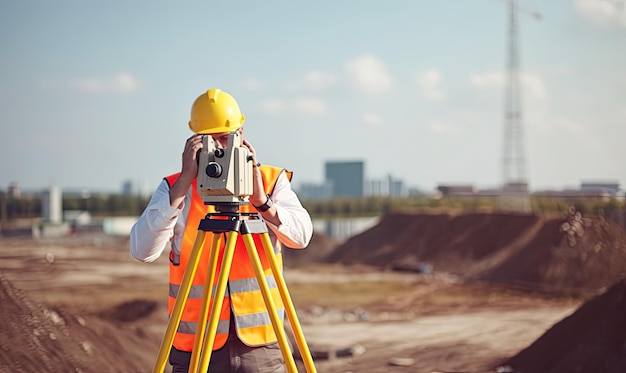 Surveyor using theodolite to measure angles on construction site Creating using generative AI tools