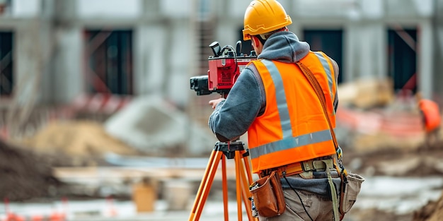 A surveyor using a theodolite to measure distances heights and angles on a building site