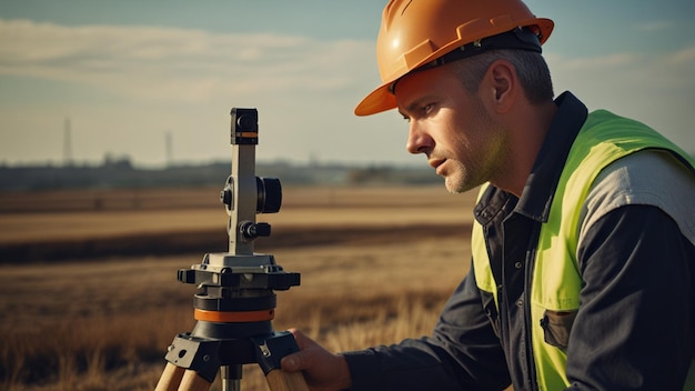 Photo a surveyor using a theodolite or total station on a tripod taking measurements of the land