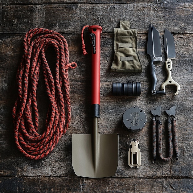 Photo survival gear kit with a collapsible shovel rope and multitool for various outdoor scenarios