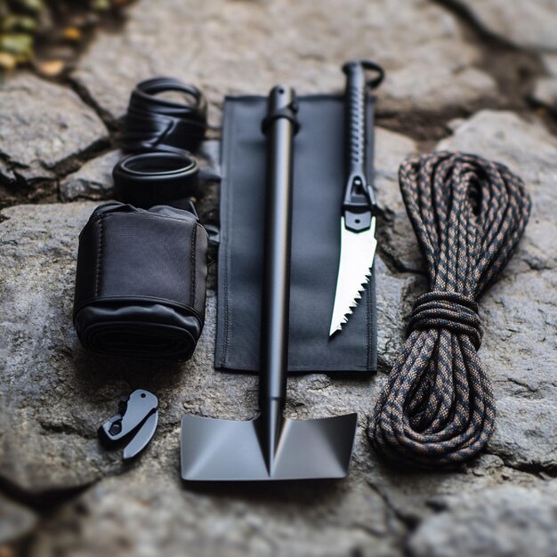 Photo survival gear kit with a collapsible shovel rope and multitool for various outdoor scenarios