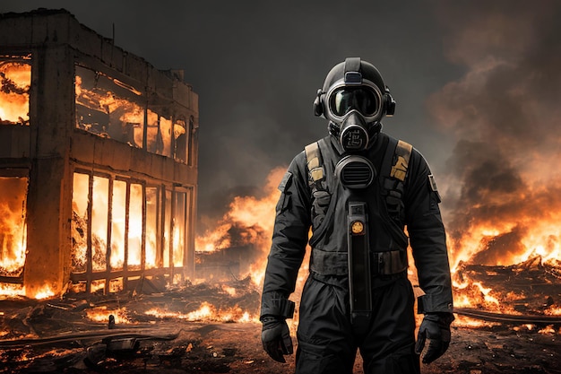 Surviving amidst Ruins Capturing the Resilience of a Man in Radiation Suit postNuclear Attack