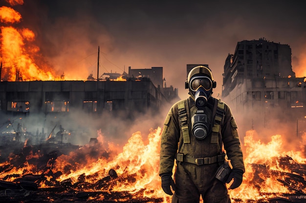 Surviving amidst Ruins Capturing the Resilience of a Man in Radiation Suit postNuclear Attack