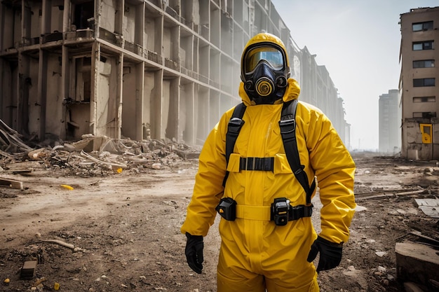 Surviving amidst Ruins Capturing the Resilience of a Man in Radiation Suit postNuclear Attack