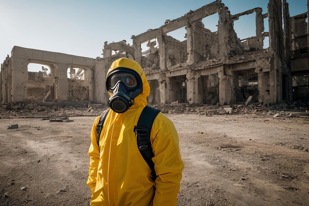 Surviving amidst Ruins Capturing the Resilience of a Man in Radiation Suit postNuclear Attack