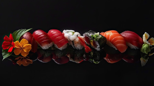 Photo sushi arranged delicately on a sleek black background accentuating its vibrant colors and exquisite presentation