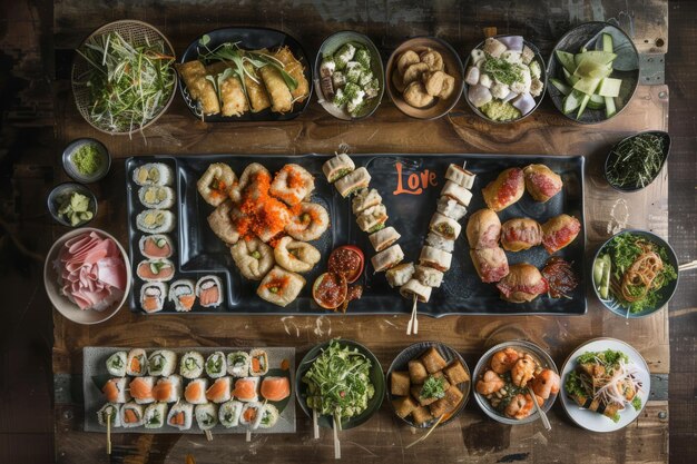 Photo sushi and asian cuisine spread