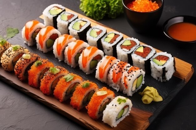 Sushi assortment with black sesame Menu Top view