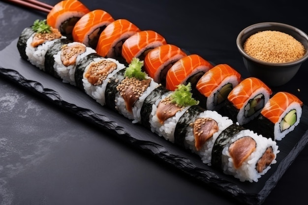 Sushi assortment with black sesame Menu Top view