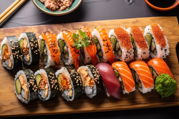 Sushi assortment with black sesame Menu Top view