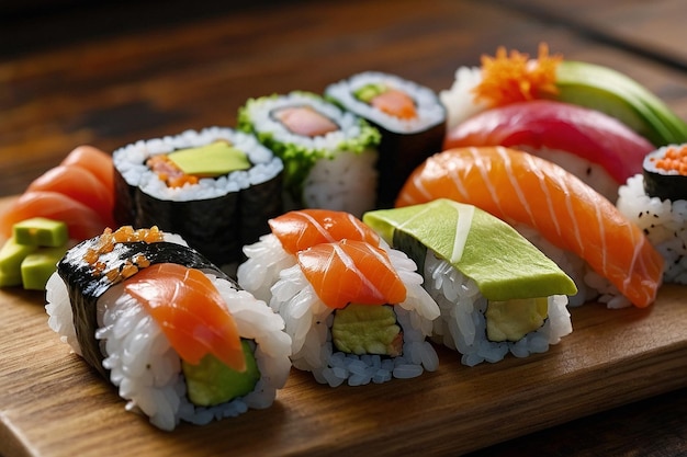 Sushi assortment on a wooden board