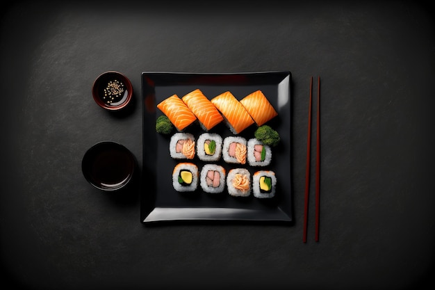 Sushi bar during lunch Set of sushi and rolls with unagi maki in top view on a black plate against a dark background Order online for home delivery of sushi coronavirus meal delivery