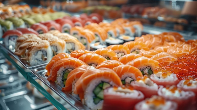 Photo sushi bar at the restaurant sushi buffet japanese food that is loved by many nationalities and is healthy