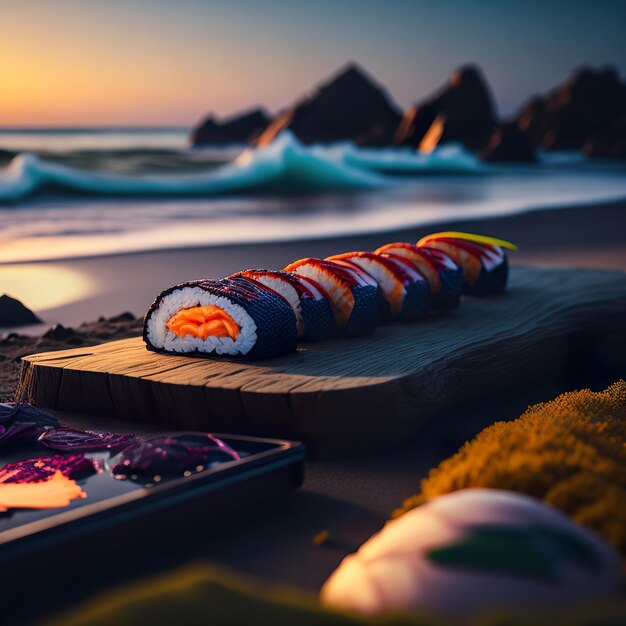 Photo sushi on a beach with a box of sushi on it