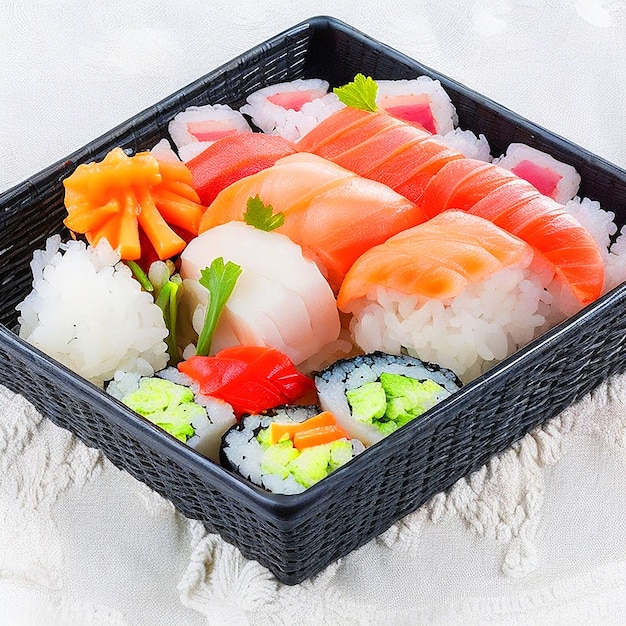 Sushi on a black wicker basket white background image download