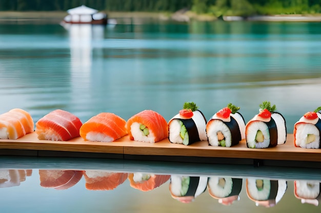 Sushi on a board with a boat in the background