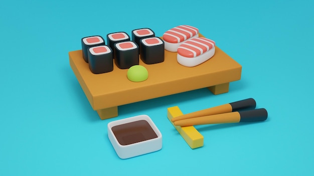 A sushi board with a box of soy sauce in it