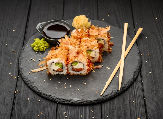 Sushi Bonito with salmon, cheese and tuna chips