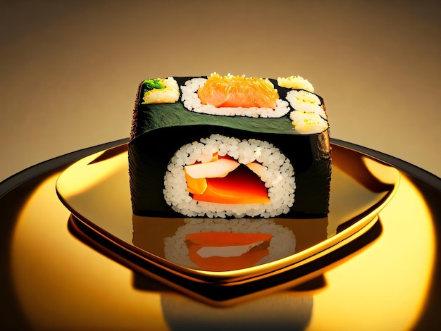 A sushi cake with a golden plate that says sushi on it.