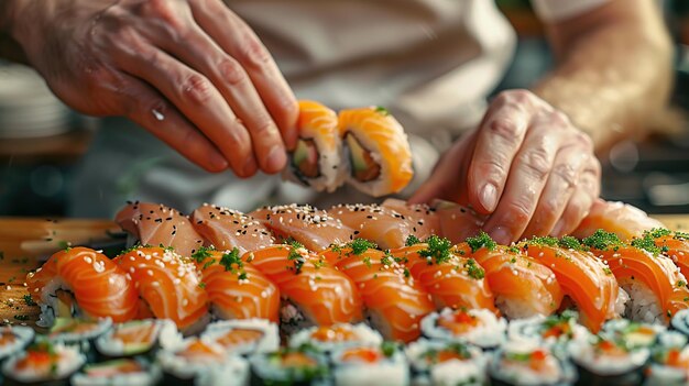 Photo sushi chef arranging a platter of freshly made sushi rolls