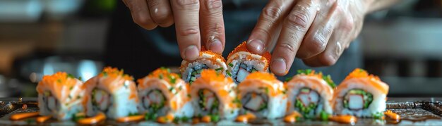 Photo sushi chef preparing rolls in a dimly lit kitchen closeup shot vibrant colors