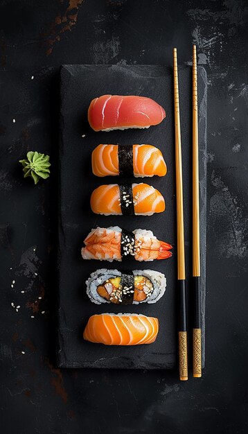 Photo sushi and chopsticks are arranged in a black tray with sushi on it